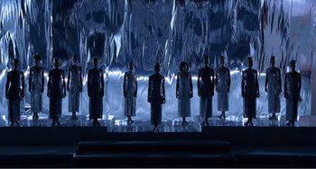 Movie still from “Drop Dead Gorgeous” (1999), directed by Michael Patrick Jann – A group of women standing in front of a mirror; Wide shot, Low angle