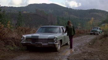 Movie still from “Drugstore Cowboy” (1989), directed by Gus Van Sant – A woman standing next to an old car on a dirt road; Wide shot, Low angle