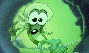 Movie still from “DuckTales the Movie: Treasure of the Lost Lamp” (1990), directed by Bob Hathcock – A cartoon of a person in a green outfit; Extreme Close Up shot, High angle