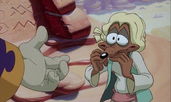 Movie still from “DuckTales the Movie: Treasure of the Lost Lamp” (1990), directed by Bob Hathcock – An animated person is holding a mouse in his mouth; Close Up shot, High angle