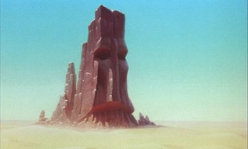 Movie still from “DuckTales the Movie: Treasure of the Lost Lamp” (1990), directed by Bob Hathcock – An artistic painting of a large rock formation in the middle of the desert; Extreme Wide shot, Low angle