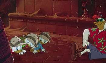 Movie still from “DuckTales the Movie: Treasure of the Lost Lamp” (1990), directed by Bob Hathcock – A painting of a couple of cartoon characters; Wide shot, High angle