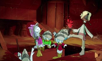 Movie still from “DuckTales the Movie: Treasure of the Lost Lamp” (1990), directed by Bob Hathcock – A group of cartoon characters are standing in a room; Wide shot, High angle