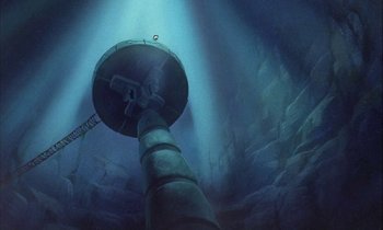 Movie still from “DuckTales the Movie: Treasure of the Lost Lamp” (1990), directed by Bob Hathcock – A view of a submarine from below the ocean floor; Extreme Wide shot, Low angle
