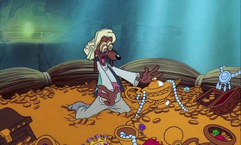 Movie still from “DuckTales the Movie: Treasure of the Lost Lamp” (1990), directed by Bob Hathcock – A cartoon of a man sitting on a pile of gold coins; Wide shot, High angle