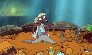 Movie still from “DuckTales the Movie: Treasure of the Lost Lamp” (1990), directed by Bob Hathcock – A cartoon character sitting on the ground in a pile of coins; Medium shot, High angle