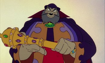 Movie still from “DuckTales the Movie: Treasure of the Lost Lamp” (1990), directed by Bob Hathcock – A cartoon character holding a microphone; Medium shot, Over the shoulder angle