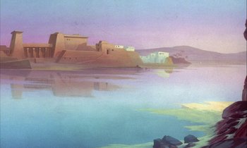 Movie still from “DuckTales the Movie: Treasure of the Lost Lamp” (1990), directed by Bob Hathcock – A painting of a body of water with a city in the background; Extreme Wide shot, Low angle