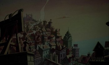 Movie still from “DuckTales the Movie: Treasure of the Lost Lamp” (1990), directed by Bob Hathcock – An artistic painting of a city at night; Extreme Wide shot, Low angle