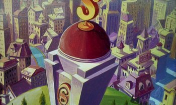 Movie still from “DuckTales the Movie: Treasure of the Lost Lamp” (1990), directed by Bob Hathcock – A painting of a clock on top of a clock tower; Extreme Close Up shot, Overhead angle