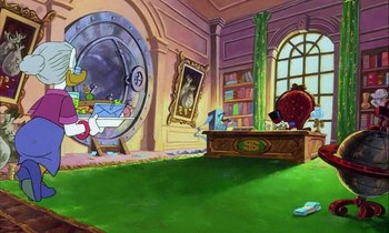 Movie still from “DuckTales the Movie: Treasure of the Lost Lamp” (1990), directed by Bob Hathcock – A painting of a room with a lot of furniture; Extreme Wide shot, High angle