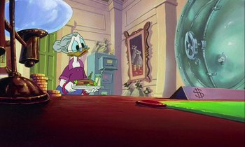 Movie still from “DuckTales the Movie: Treasure of the Lost Lamp” (1990), directed by Bob Hathcock – A painting of scrooge mcduck sitting at a table; Wide shot, Over the shoulder angle