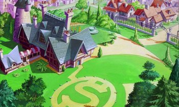 Movie still from “DuckTales the Movie: Treasure of the Lost Lamp” (1990), directed by Bob Hathcock – An aerial view of a house with a dollar sign in the middle of it; Extreme Wide shot, High angle