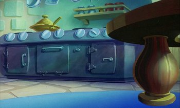 Movie still from “DuckTales the Movie: Treasure of the Lost Lamp” (1990), directed by Bob Hathcock – An animated kitchen with a stove , oven , and shelves in the background; Wide shot, High angle