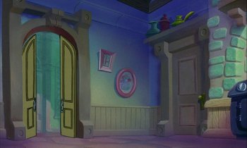 Movie still from “DuckTales the Movie: Treasure of the Lost Lamp” (1990), directed by Bob Hathcock – An empty room with a yellow door and blue walls; Wide shot, High angle