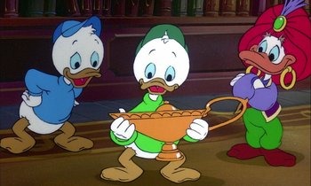Movie still from “DuckTales the Movie: Treasure of the Lost Lamp” (1990), directed by Bob Hathcock – A group of three cartoon characters standing next to each other holding a bowl; Medium shot, High angle