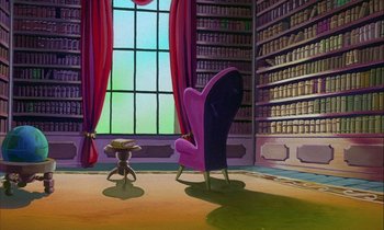 Movie still from “DuckTales the Movie: Treasure of the Lost Lamp” (1990), directed by Bob Hathcock – An illustration of a room with a purple chair and a table; Extreme Wide shot, High angle