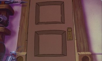 Movie still from “DuckTales the Movie: Treasure of the Lost Lamp” (1990), directed by Bob Hathcock – The door of a house with a lock on the handle; Extreme Close Up shot, High angle
