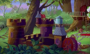 Movie still from “DuckTales the Movie: Treasure of the Lost Lamp” (1990), directed by Bob Hathcock – A castle in the middle of the forest; Extreme Wide shot, Low angle