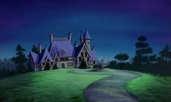 Movie still from “DuckTales the Movie: Treasure of the Lost Lamp” (1990), directed by Bob Hathcock – A painting of a castle like building in the night sky; Extreme Wide shot, Low angle