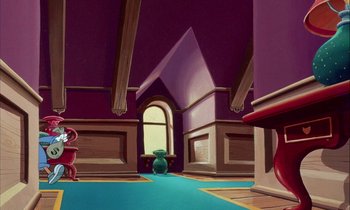 Movie still from “DuckTales the Movie: Treasure of the Lost Lamp” (1990), directed by Bob Hathcock – An artistic rendering of a purple room with a blue floor; Extreme Wide shot, Low angle