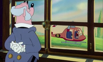 Movie still from “DuckTales the Movie: Treasure of the Lost Lamp” (1990), directed by Bob Hathcock – A man in a suit looking out of a window at a helicopter; Medium shot, Over the shoulder angle
