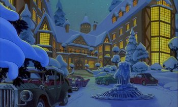 Movie still from “DuckTales the Movie: Treasure of the Lost Lamp” (1990), directed by Bob Hathcock – A painting of cars parked in front of a large building; Extreme Wide shot, High angle