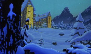 Movie still from “DuckTales the Movie: Treasure of the Lost Lamp” (1990), directed by Bob Hathcock – A painting of a house in the middle of a snowy field; Extreme Wide shot, High angle