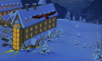 Movie still from “DuckTales the Movie: Treasure of the Lost Lamp” (1990), directed by Bob Hathcock – A painting of an eagle flying over a snowy building; Extreme Wide shot, Low angle