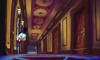 Movie still from “DuckTales the Movie: Treasure of the Lost Lamp” (1990), directed by Bob Hathcock – A painting of a hallway in a building; Wide shot, High angle