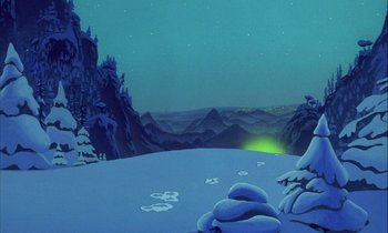 Movie still from “DuckTales the Movie: Treasure of the Lost Lamp” (1990), directed by Bob Hathcock – A painting of a snowy mountain with a green light in the distance; Extreme Wide shot, High angle