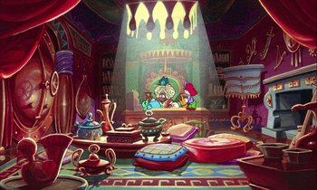 Movie still from “DuckTales the Movie: Treasure of the Lost Lamp” (1990), directed by Bob Hathcock – An artistic rendering of a living room scene with a hookah; Wide shot, High angle