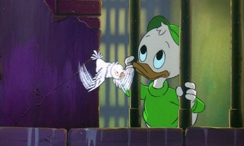Movie still from “DuckTales the Movie: Treasure of the Lost Lamp” (1990), directed by Bob Hathcock – A bird is flying next to a cartoon character; Medium shot, Low angle