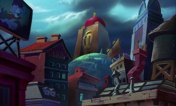 Movie still from “DuckTales the Movie: Treasure of the Lost Lamp” (1990), directed by Bob Hathcock – A painting of buildings and a tower in the middle of a city; Extreme Wide shot, Low angle