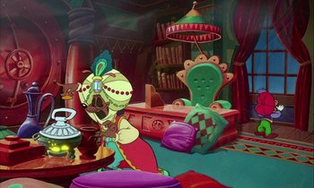 Movie still from “DuckTales the Movie: Treasure of the Lost Lamp” (1990), directed by Bob Hathcock – A painting of a princess and a chair in a living room; Wide shot, High angle