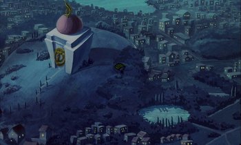 Movie still from “DuckTales the Movie: Treasure of the Lost Lamp” (1990), directed by Bob Hathcock – An oil painting of a city at night; Extreme Wide shot, High angle