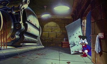 Movie still from “DuckTales the Movie: Treasure of the Lost Lamp” (1990), directed by Bob Hathcock – A painting of a cat in a room with a wall; Wide shot, High angle