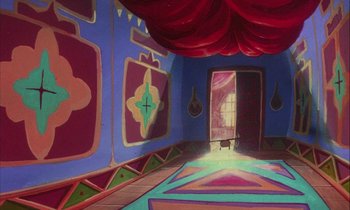 Movie still from “DuckTales the Movie: Treasure of the Lost Lamp” (1990), directed by Bob Hathcock – An empty room with a red and blue ceiling and walls; Extreme Wide shot, High angle