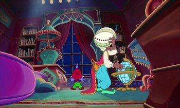 Movie still from “DuckTales the Movie: Treasure of the Lost Lamp” (1990), directed by Bob Hathcock – A scene from the little mermaid with the characters ariel and flounder; Wide shot, High angle