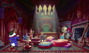 Movie still from “DuckTales the Movie: Treasure of the Lost Lamp” (1990), directed by Bob Hathcock – An image of an animated scene of a living room setting; Wide shot, High angle