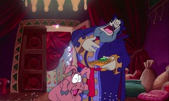 Movie still from “DuckTales the Movie: Treasure of the Lost Lamp” (1990), directed by Bob Hathcock – A cartoon of a man holding a tray of food and a pink pig; Wide shot, High angle