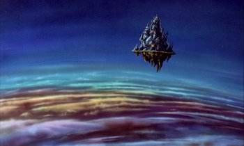 Movie still from “DuckTales the Movie: Treasure of the Lost Lamp” (1990), directed by Bob Hathcock – An image of an alien ship floating in the sky; Extreme Wide shot, Low angle