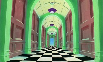 Movie still from “DuckTales the Movie: Treasure of the Lost Lamp” (1990), directed by Bob Hathcock – An illustration of a hallway with a checkerboard floor; Extreme Wide shot, Low angle