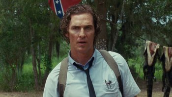 Movie still from “The Paperboy” (2012), directed by Lee Daniels – Matthew mcconaughey wearing a shirt and tie; Close Up shot, Over the shoulder angle