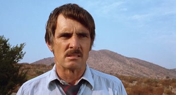 Movie still from “Duel” (1971), directed by Steven Spielberg – A person wearing a shirt and tie; Close Up shot, Low angle