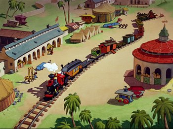 Movie still from “Dumbo” (1941), directed by Ben Sharpsteen – An animated scene of a train going down the tracks; Extreme Wide shot, High angle