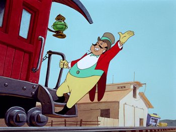 Movie still from “Dumbo” (1941), directed by Ben Sharpsteen – A cartoon of a man flying through the air while riding a train; Wide shot, Low angle