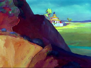 Movie still from “Dumbo” (1941), directed by Ben Sharpsteen – An oil painting of a mountain with a house in the background; Extreme Wide shot, Low angle