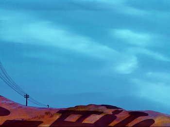 Movie still from “Dumbo” (1941), directed by Ben Sharpsteen – A painting of a desert landscape with a sky background; Extreme Wide shot, Low angle