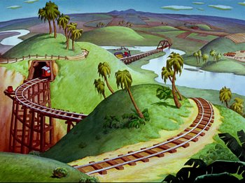Movie still from “Dumbo” (1941), directed by Ben Sharpsteen – An animated picture of a train going down the tracks; Extreme Wide shot, High angle